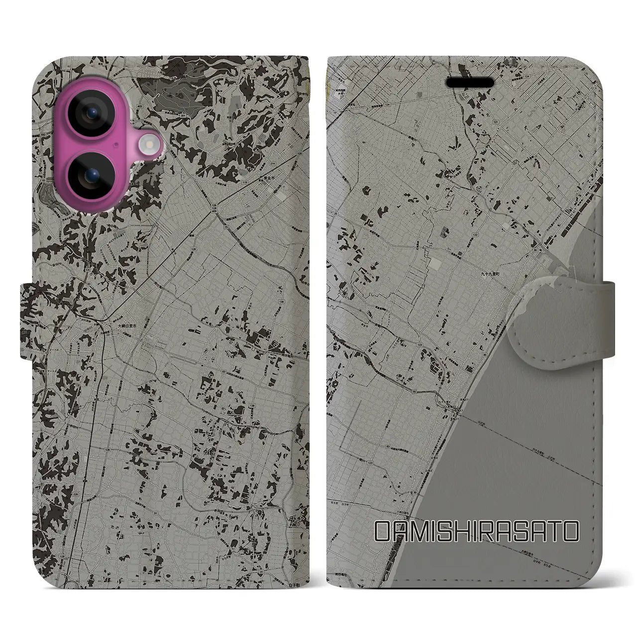 【大網白里(千葉県)】地図柄iPhoneケース(手帳タイプ)モノトーン・iPhone 16 Pro 用