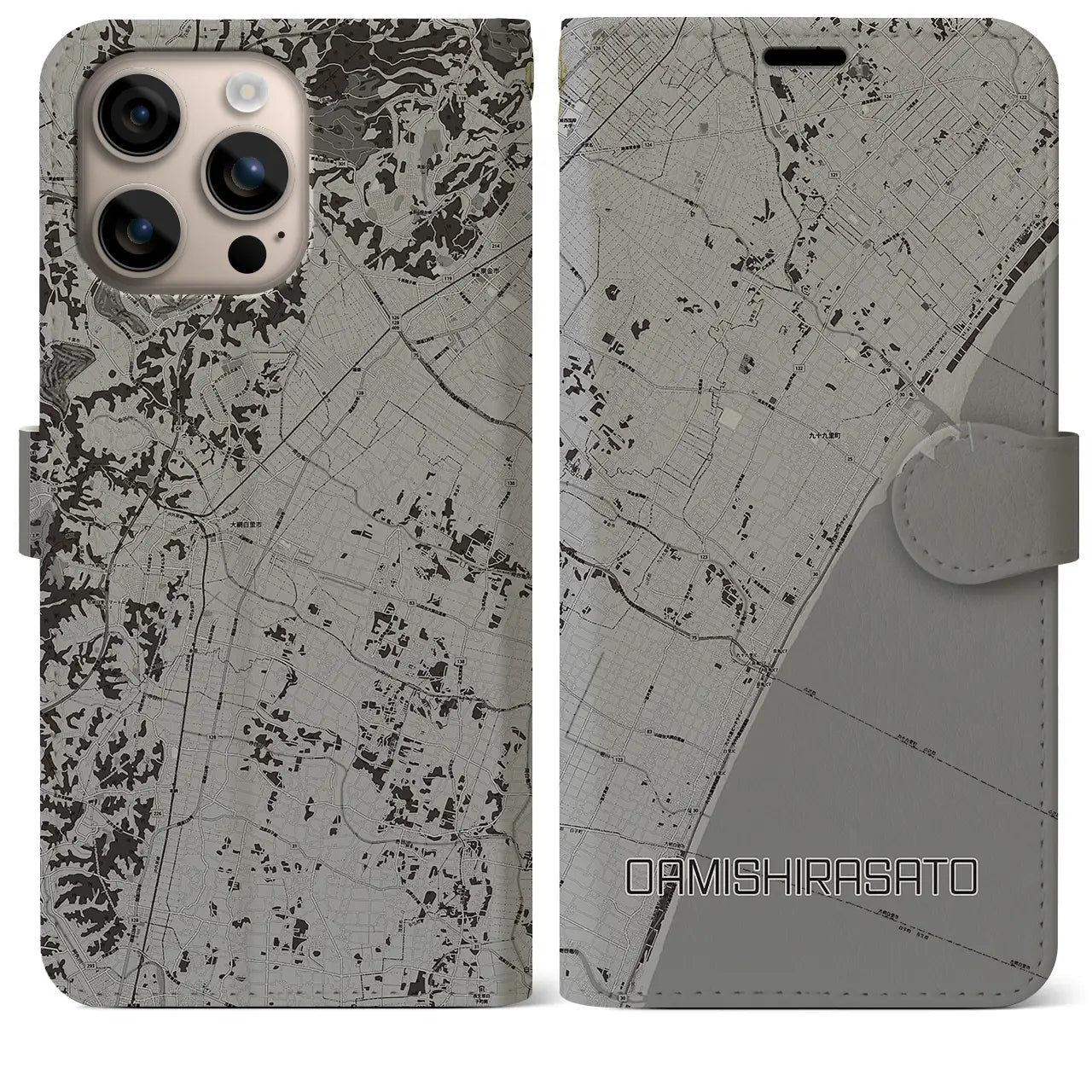 【大網白里(千葉県)】地図柄iPhoneケース(手帳タイプ)モノトーン・iPhone 16 Plus 用