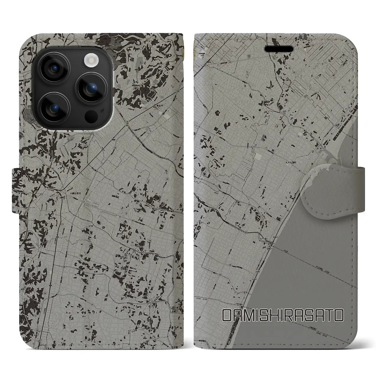 【大網白里(千葉県)】地図柄iPhoneケース(手帳タイプ)モノトーン・iPhone 16 用