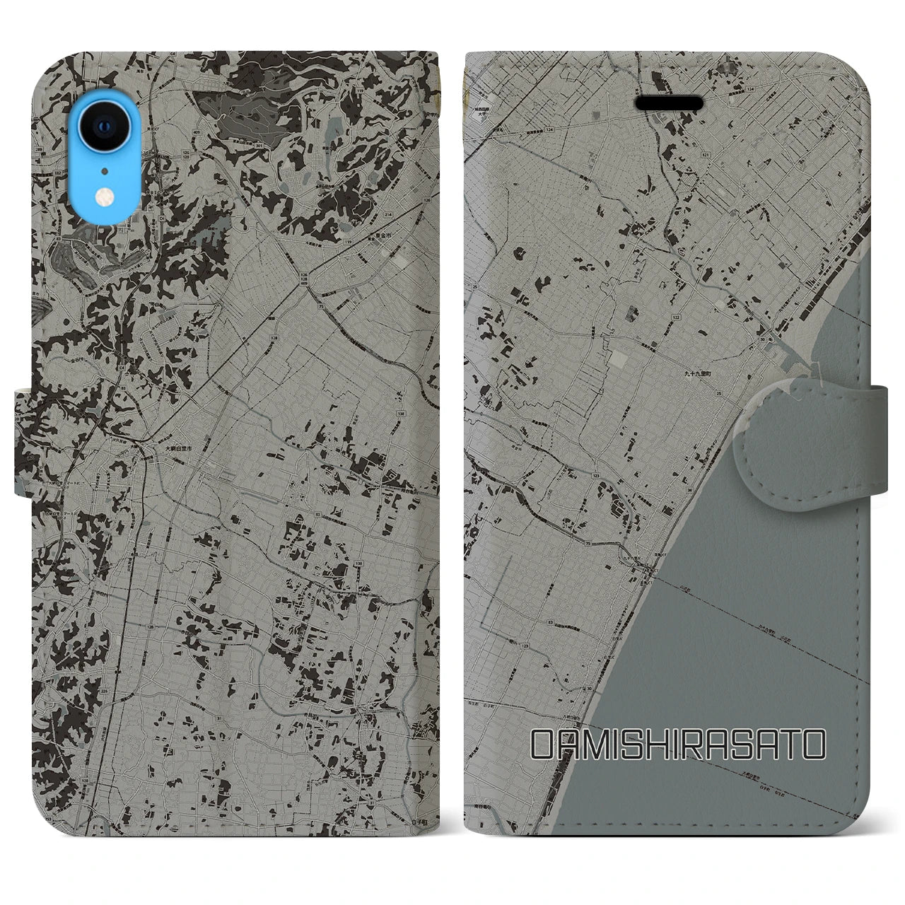 【大網白里(千葉県)】地図柄iPhoneケース(手帳タイプ)モノトーン・iPhone XR 用
