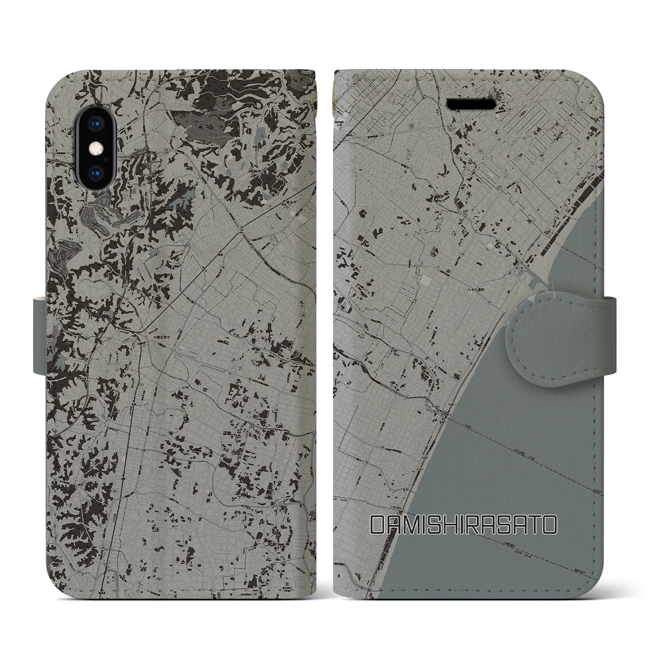 【大網白里(千葉県)】地図柄iPhoneケース(手帳タイプ)モノトーン・iPhone XS / X 用