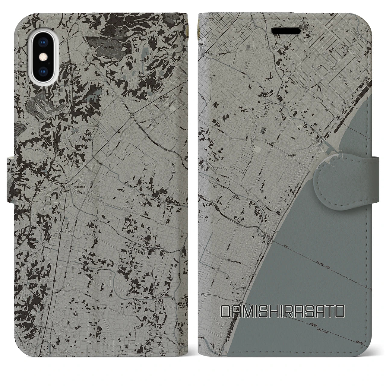 【大網白里(千葉県)】地図柄iPhoneケース(手帳タイプ)モノトーン・iPhone XS Max 用