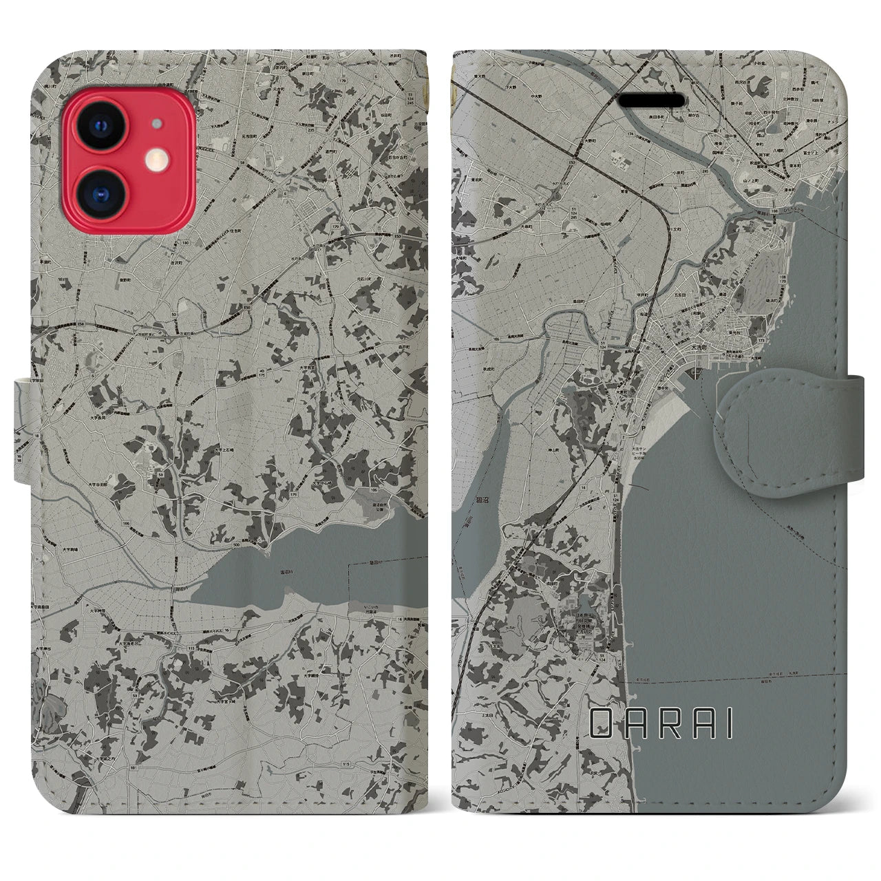 【大洗(茨城県)】地図柄iPhoneケース(手帳タイプ)モノトーン・iPhone 11 用