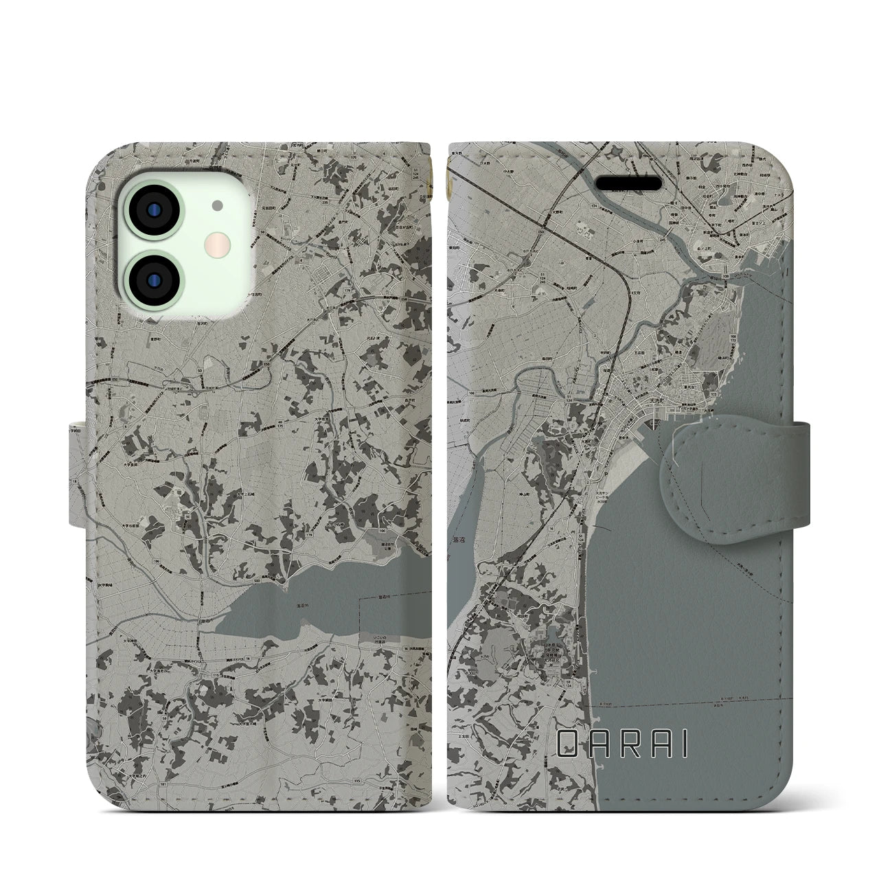 【大洗(茨城県)】地図柄iPhoneケース(手帳タイプ)モノトーン・iPhone 12 mini 用