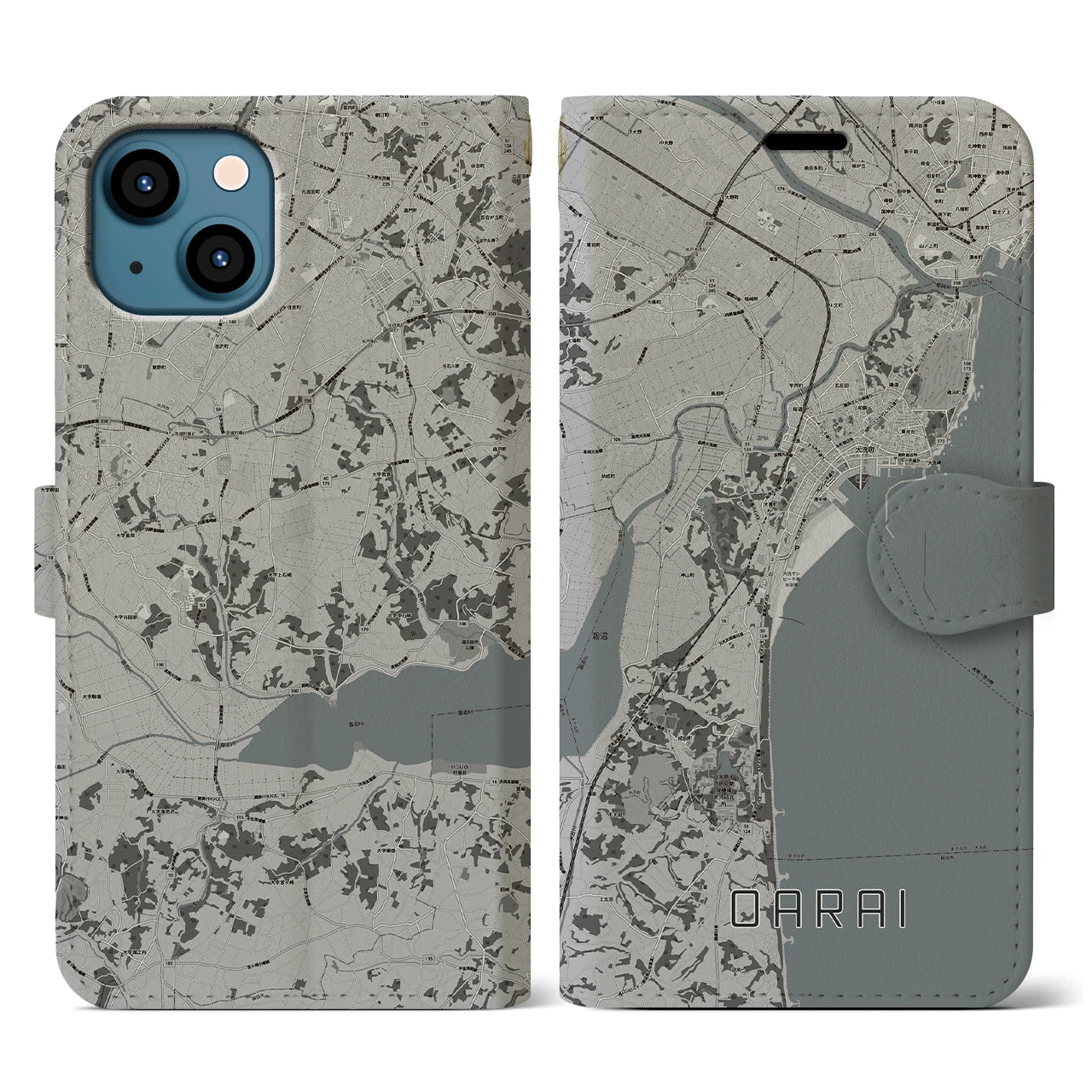 【大洗(茨城県)】地図柄iPhoneケース(手帳タイプ)モノトーン・iPhone 13 用