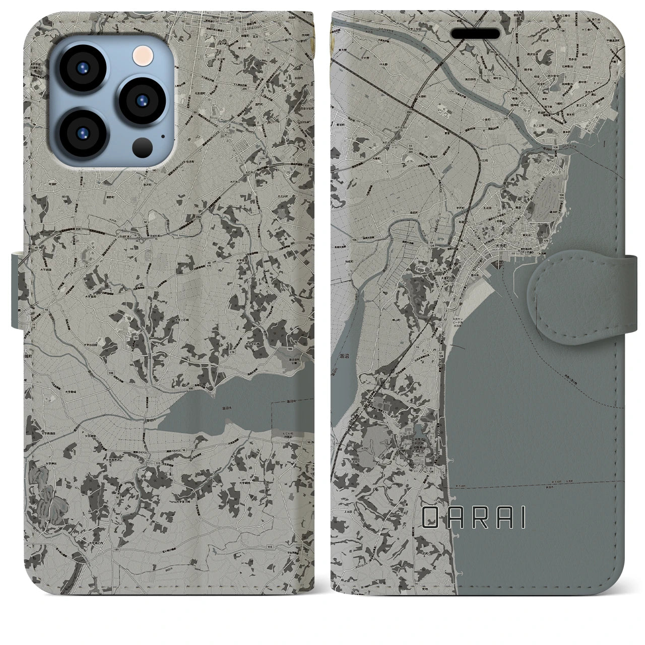【大洗(茨城県)】地図柄iPhoneケース(手帳タイプ)モノトーン・iPhone 13 Pro Max 用