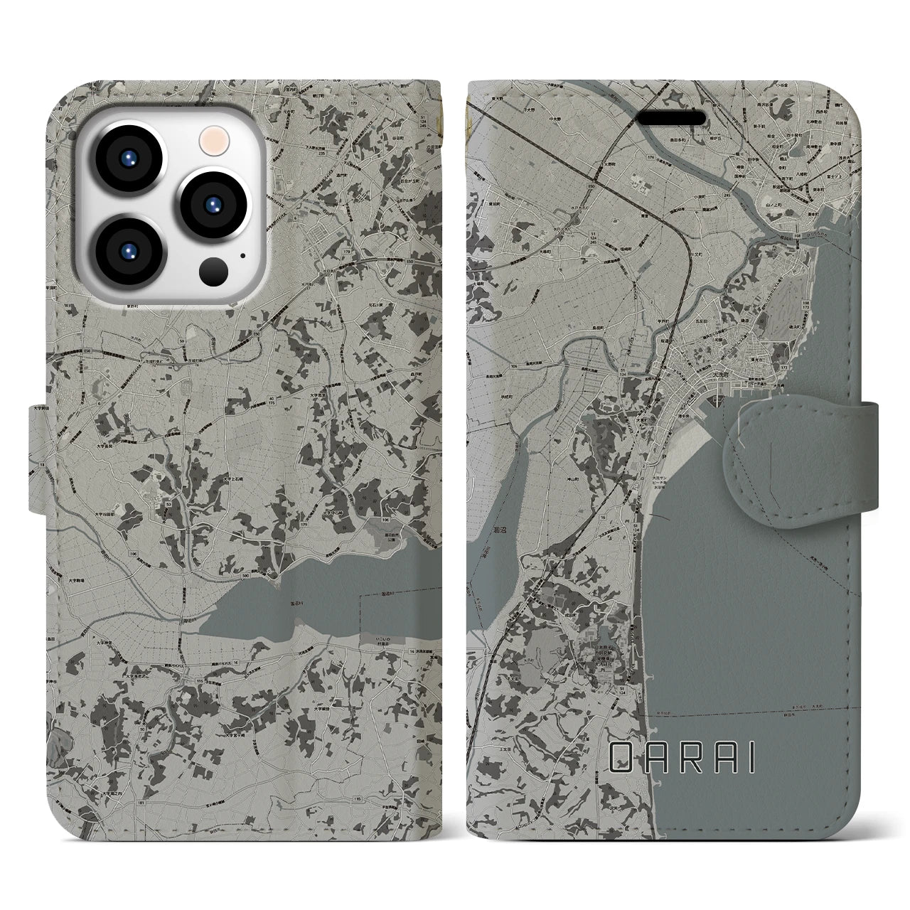 【大洗(茨城県)】地図柄iPhoneケース(手帳タイプ)モノトーン・iPhone 13 Pro 用