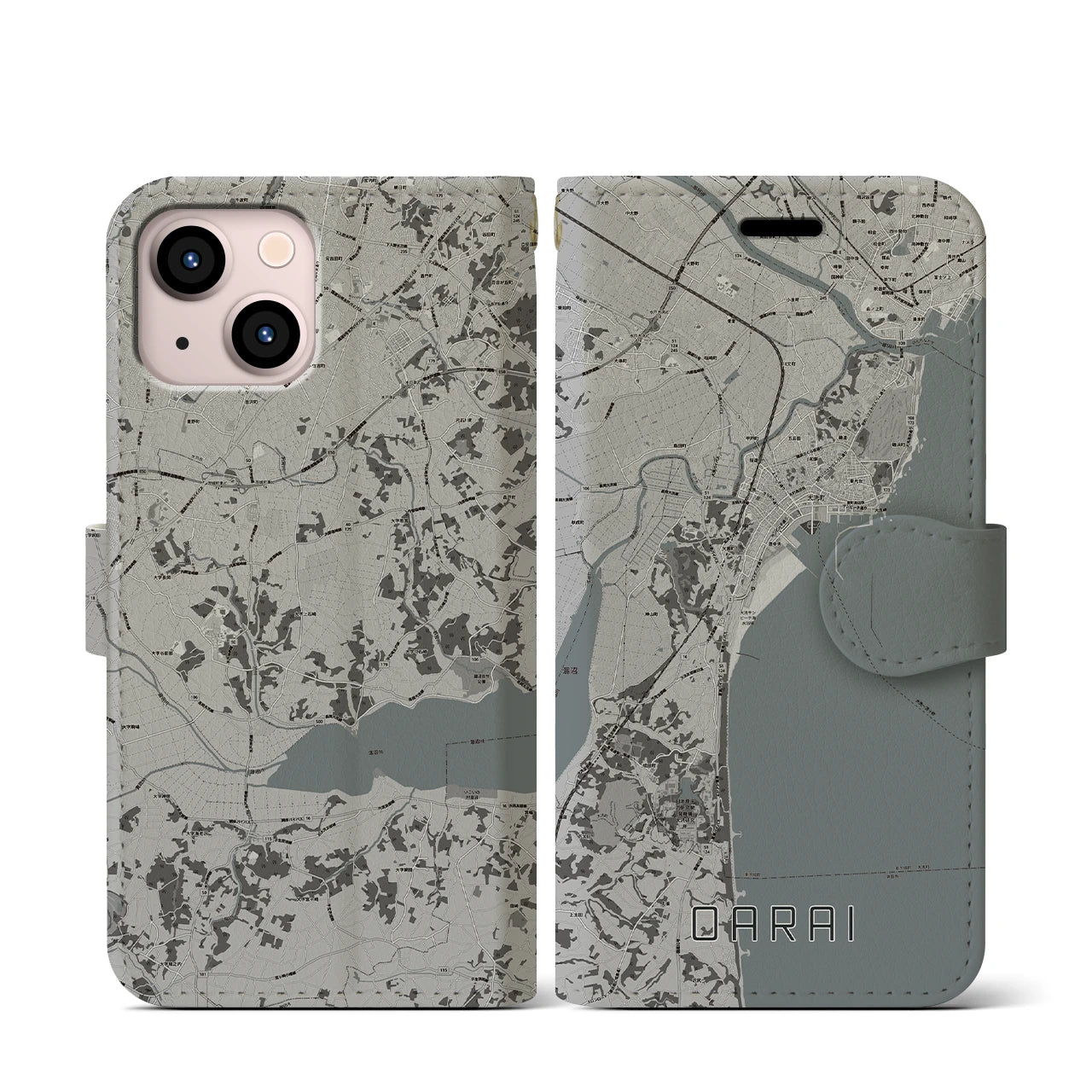 【大洗(茨城県)】地図柄iPhoneケース(手帳タイプ)モノトーン・iPhone 13 mini 用
