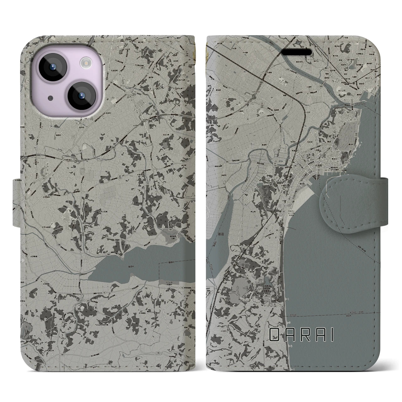【大洗(茨城県)】地図柄iPhoneケース(手帳タイプ)モノトーン・iPhone 14 用