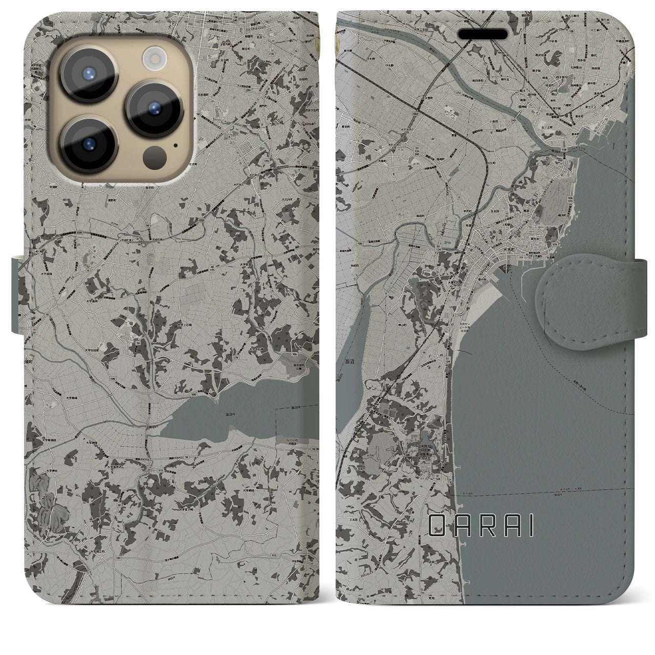 【大洗(茨城県)】地図柄iPhoneケース(手帳タイプ)モノトーン・iPhone 14 Pro Max 用