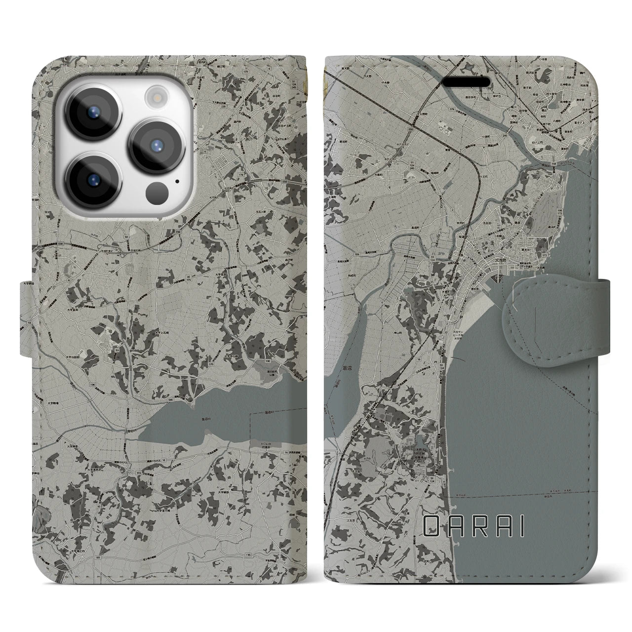【大洗(茨城県)】地図柄iPhoneケース(手帳タイプ)モノトーン・iPhone 14 Pro 用