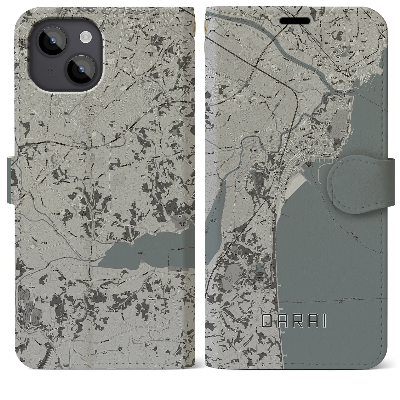 【大洗(茨城県)】地図柄iPhoneケース(手帳タイプ)モノトーン・iPhone 14 Plus 用