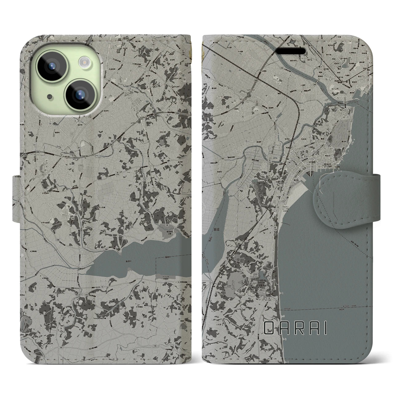 【大洗(茨城県)】地図柄iPhoneケース(手帳タイプ)モノトーン・iPhone 15 用