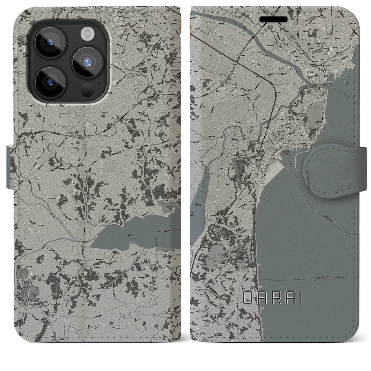 【大洗(茨城県)】地図柄iPhoneケース(手帳タイプ)モノトーン・iPhone 15 Pro Max 用
