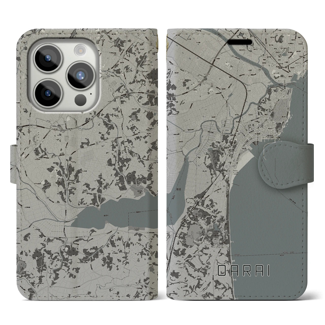 【大洗(茨城県)】地図柄iPhoneケース(手帳タイプ)モノトーン・iPhone 15 Pro 用