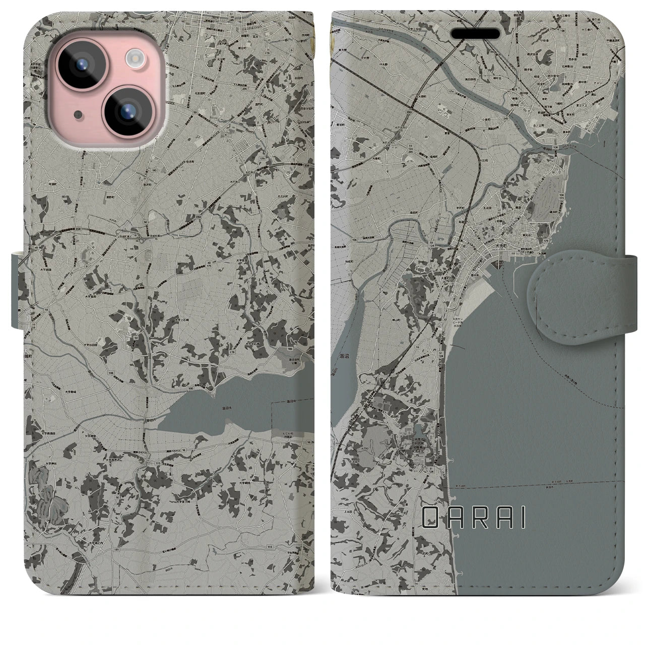 【大洗(茨城県)】地図柄iPhoneケース(手帳タイプ)モノトーン・iPhone 15 Plus 用