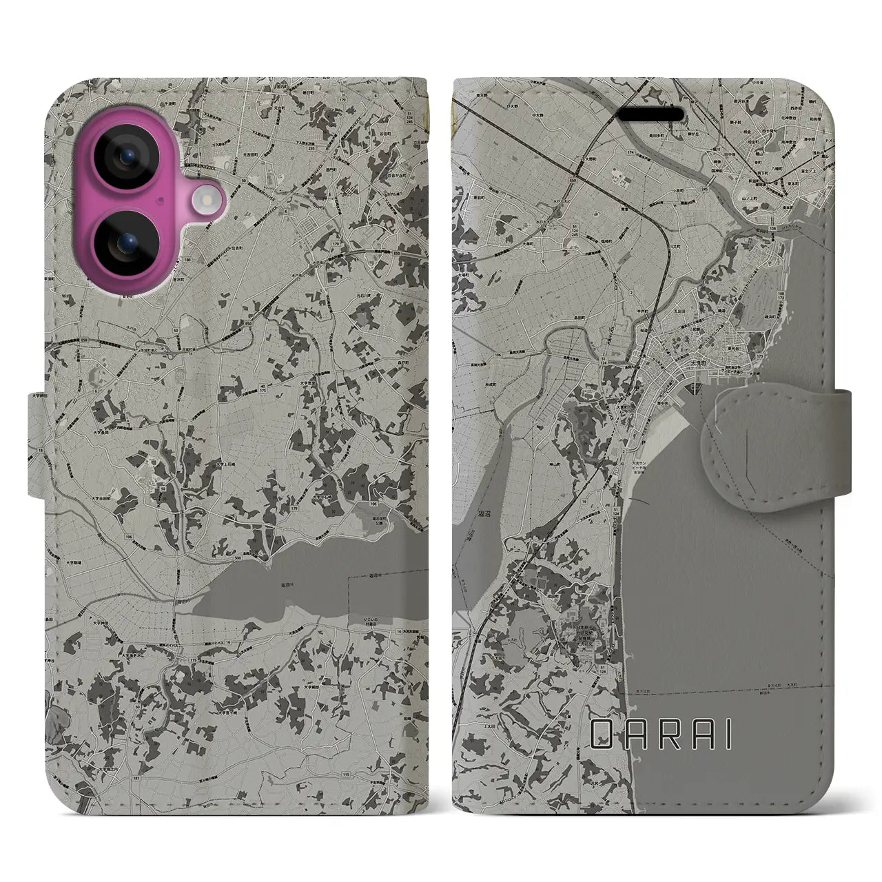 【大洗(茨城県)】地図柄iPhoneケース(手帳タイプ)モノトーン・iPhone 16 Pro 用