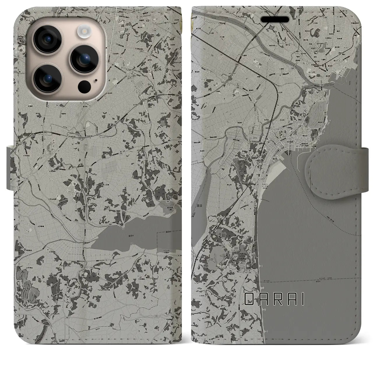 【大洗(茨城県)】地図柄iPhoneケース(手帳タイプ)モノトーン・iPhone 16 Plus 用