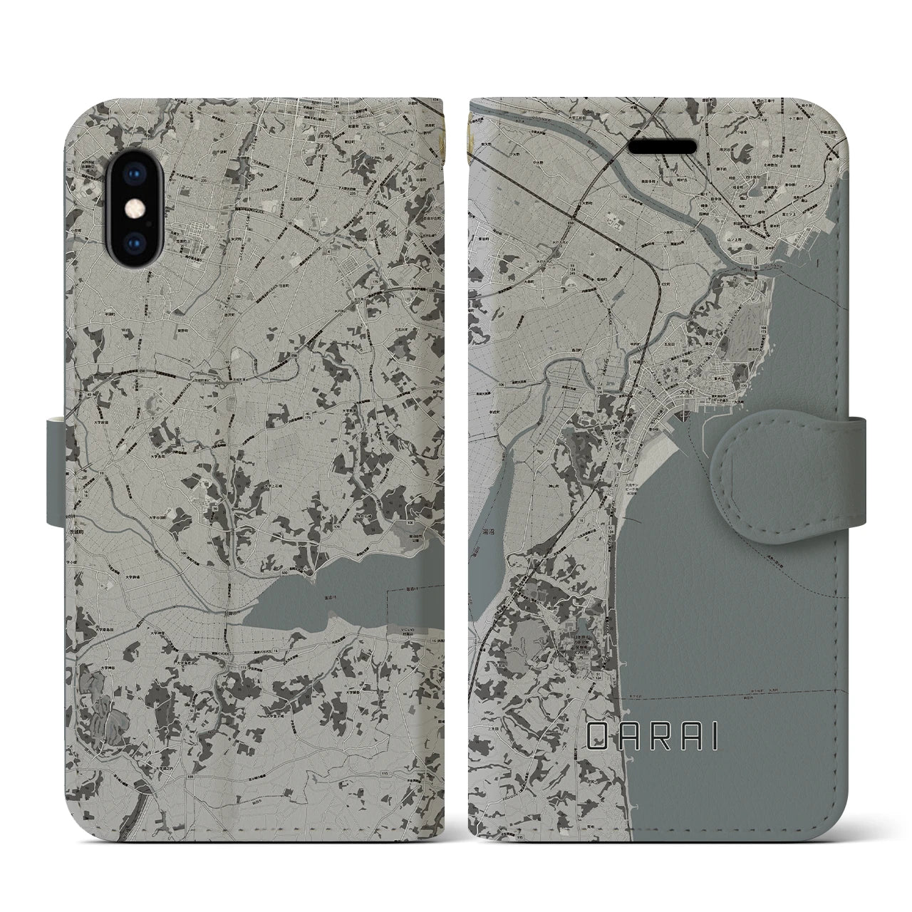 【大洗(茨城県)】地図柄iPhoneケース(手帳タイプ)モノトーン・iPhone XS / X 用