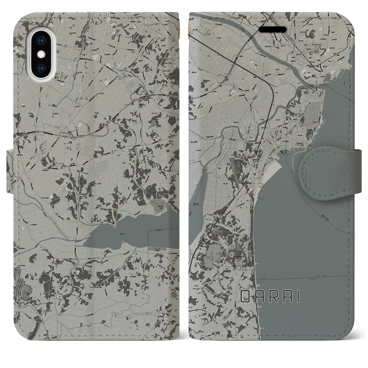 【大洗(茨城県)】地図柄iPhoneケース(手帳タイプ)モノトーン・iPhone XS Max 用