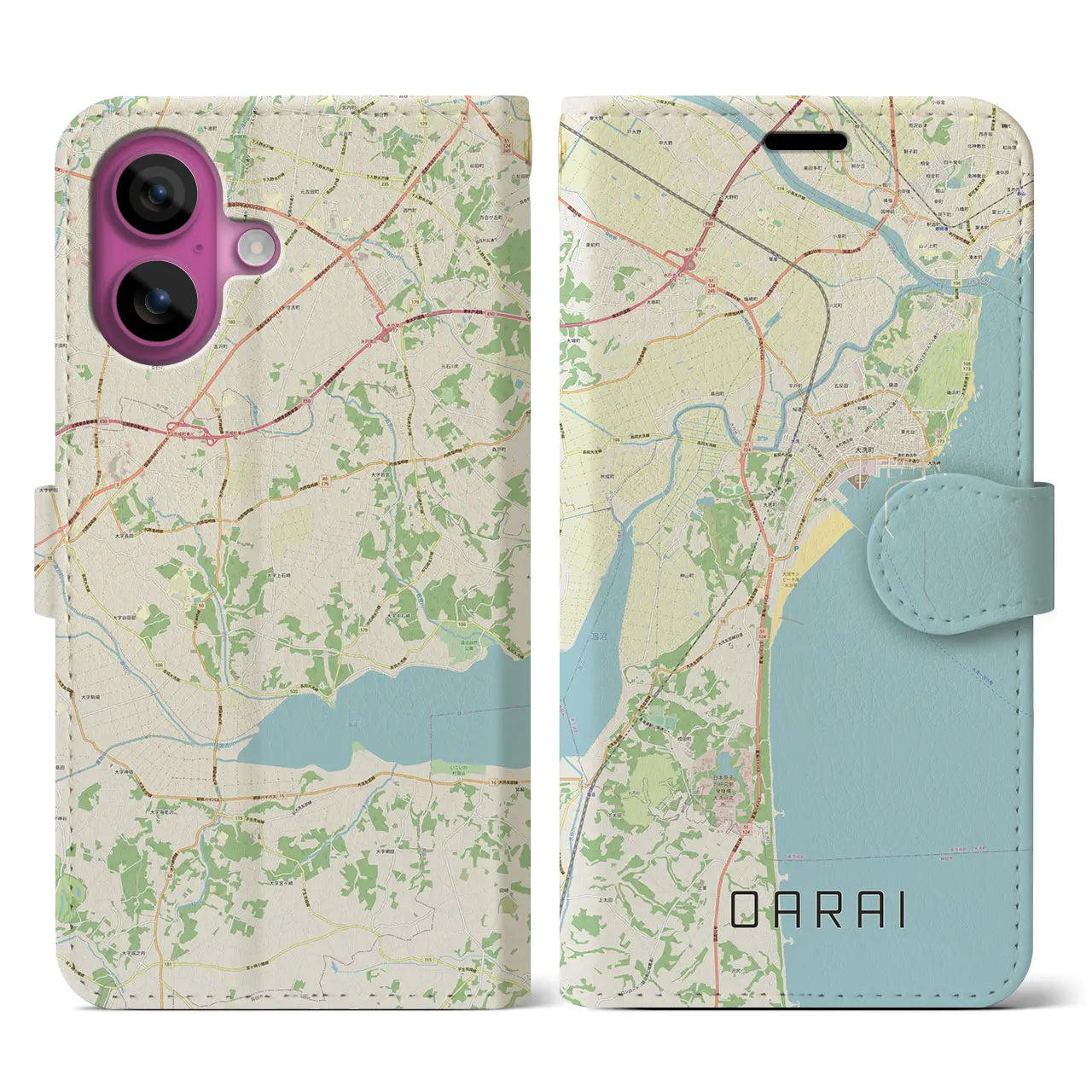 【大洗(茨城県)】地図柄iPhoneケース(手帳タイプ)ナチュラル・iPhone 16 Pro 用