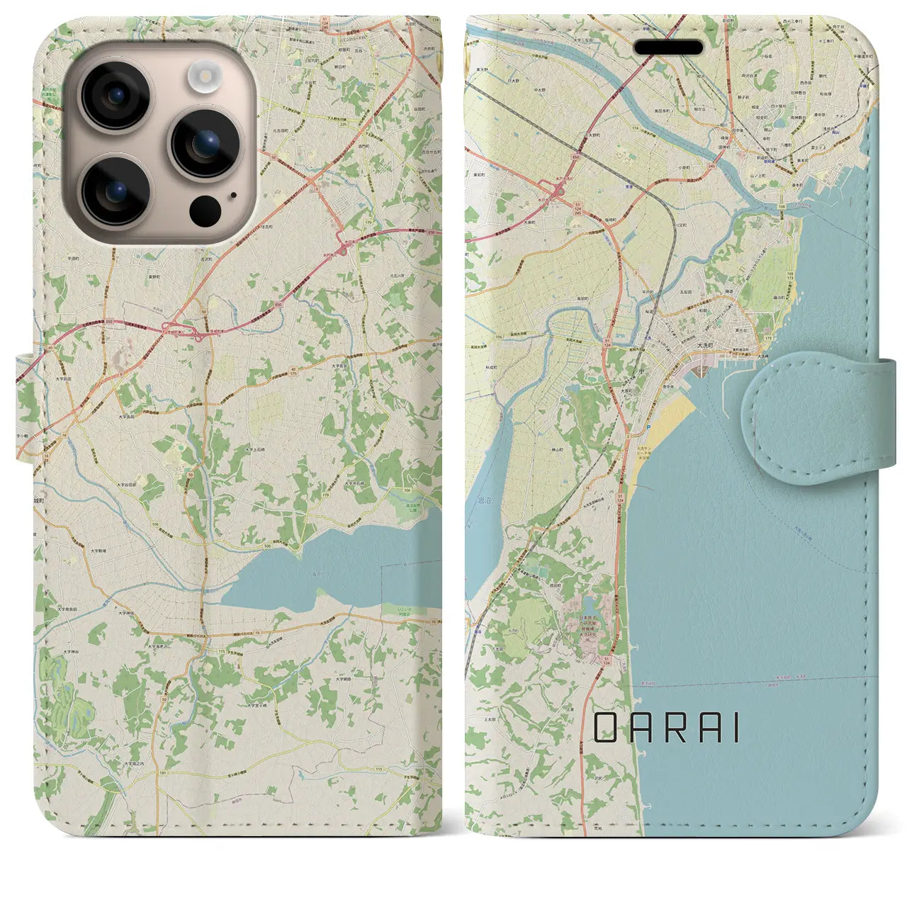 【大洗(茨城県)】地図柄iPhoneケース(手帳タイプ)ナチュラル・iPhone 16 Plus 用