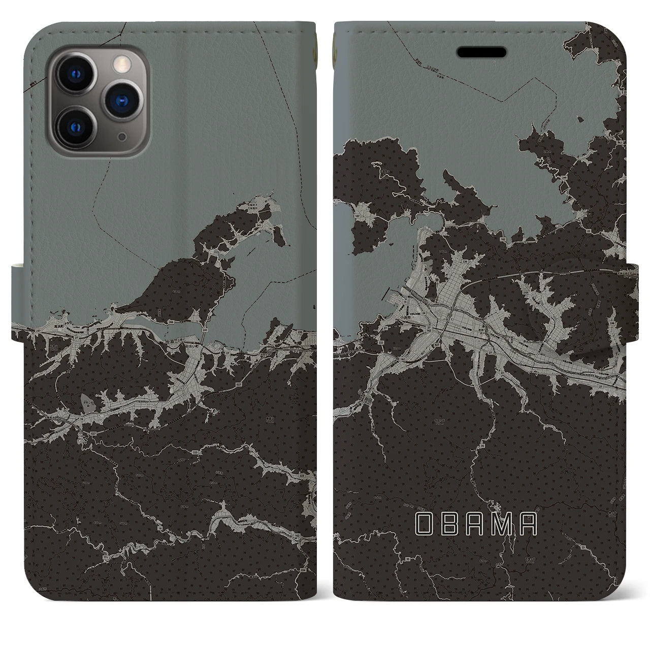 【小浜(福井県)】地図柄iPhoneケース(手帳タイプ)モノトーン・iPhone 11 Pro Max 用