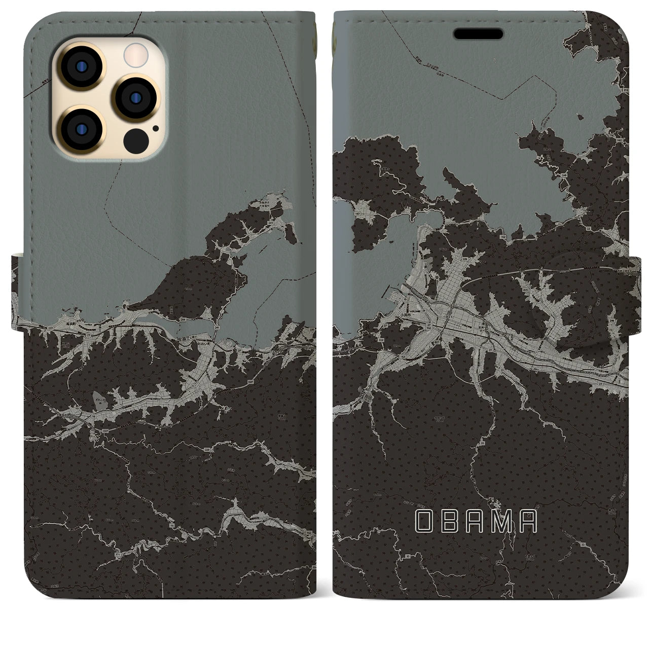 【小浜(福井県)】地図柄iPhoneケース(手帳タイプ)モノトーン・iPhone 12 Pro Max 用