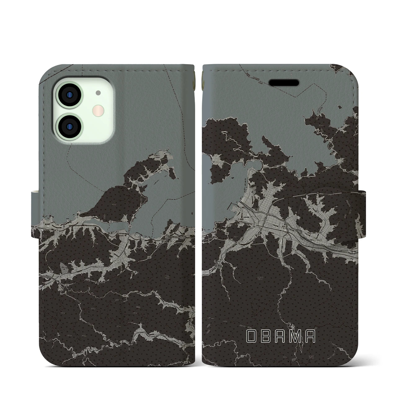 【小浜(福井県)】地図柄iPhoneケース(手帳タイプ)モノトーン・iPhone 12 mini 用