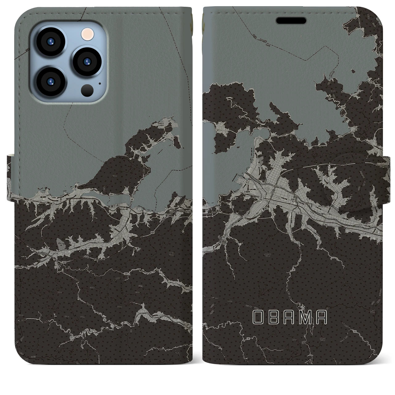 【小浜(福井県)】地図柄iPhoneケース(手帳タイプ)モノトーン・iPhone 13 Pro Max 用
