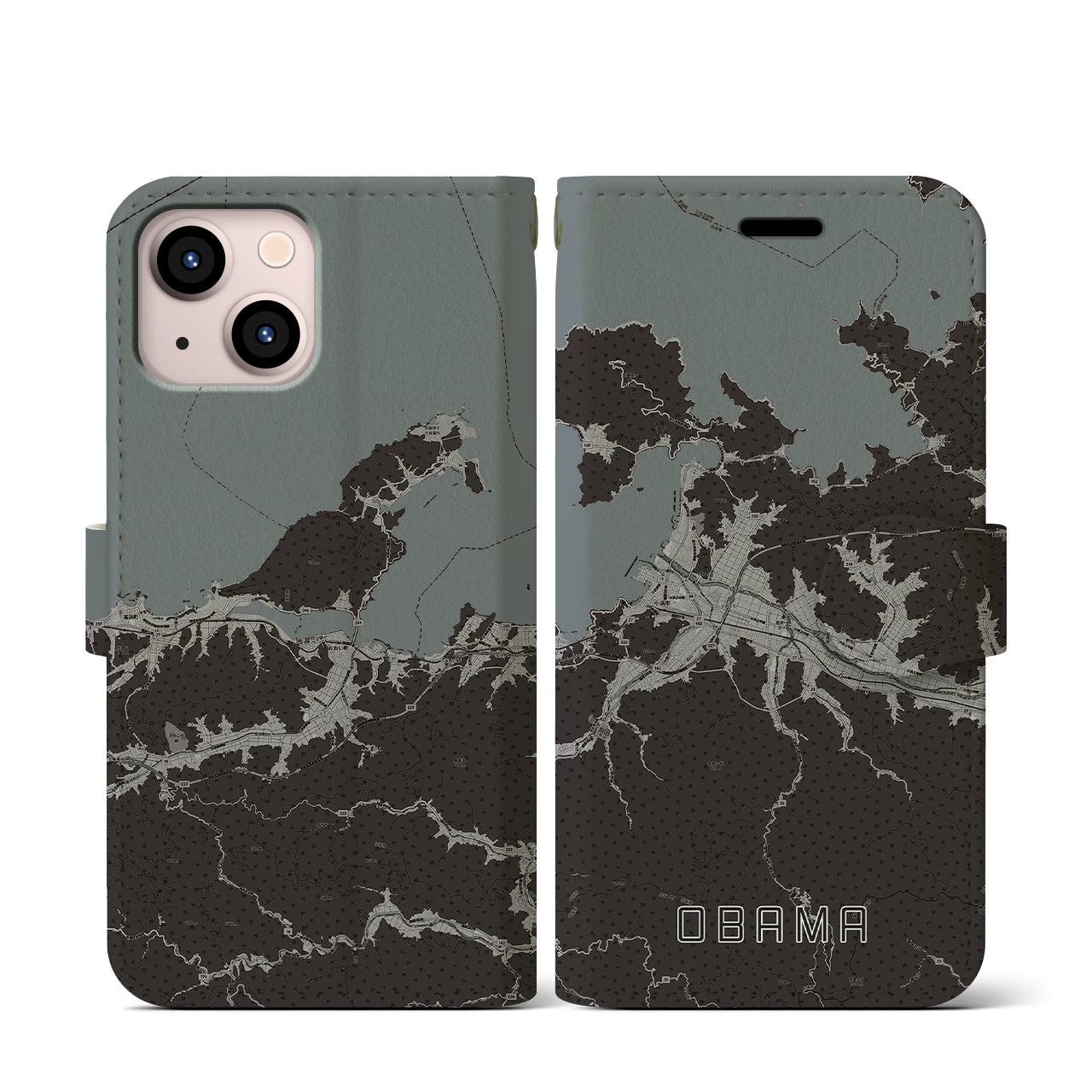 【小浜(福井県)】地図柄iPhoneケース(手帳タイプ)モノトーン・iPhone 13 mini 用