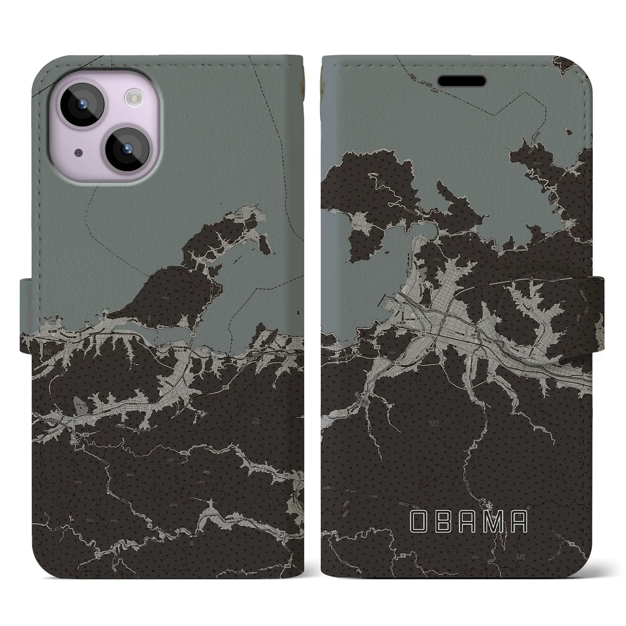 【小浜(福井県)】地図柄iPhoneケース(手帳タイプ)モノトーン・iPhone 14 用