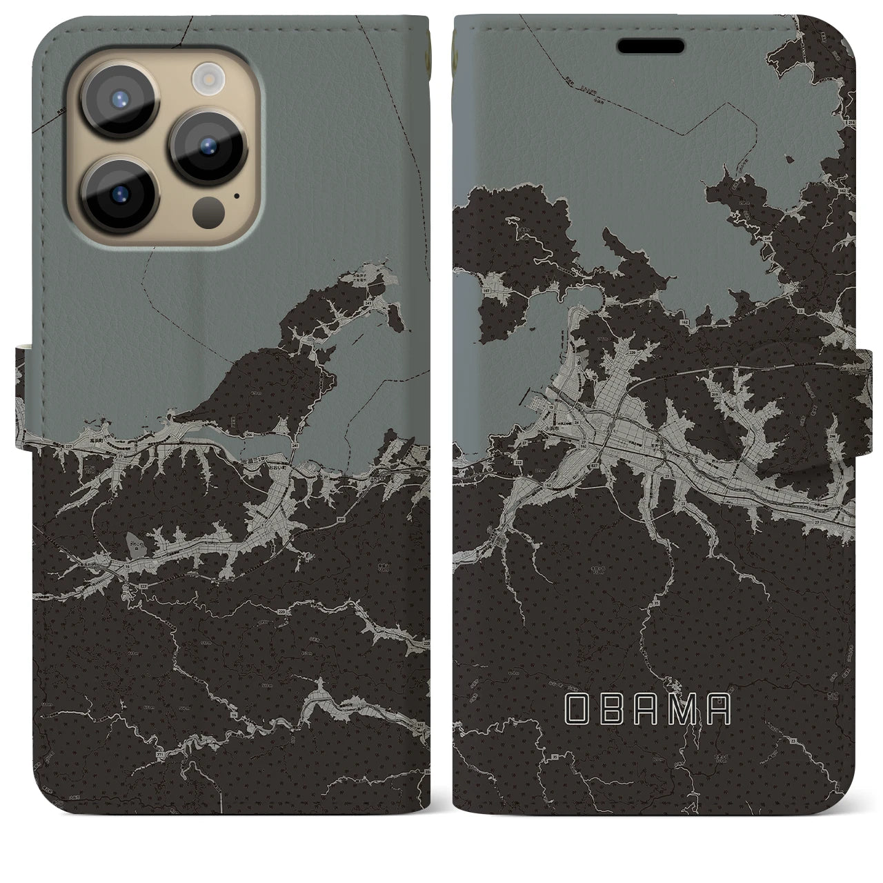 【小浜(福井県)】地図柄iPhoneケース(手帳タイプ)モノトーン・iPhone 14 Pro Max 用