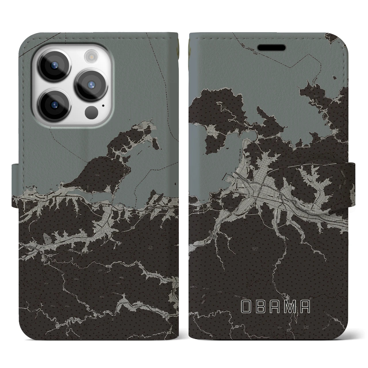 【小浜(福井県)】地図柄iPhoneケース(手帳タイプ)モノトーン・iPhone 14 Pro 用