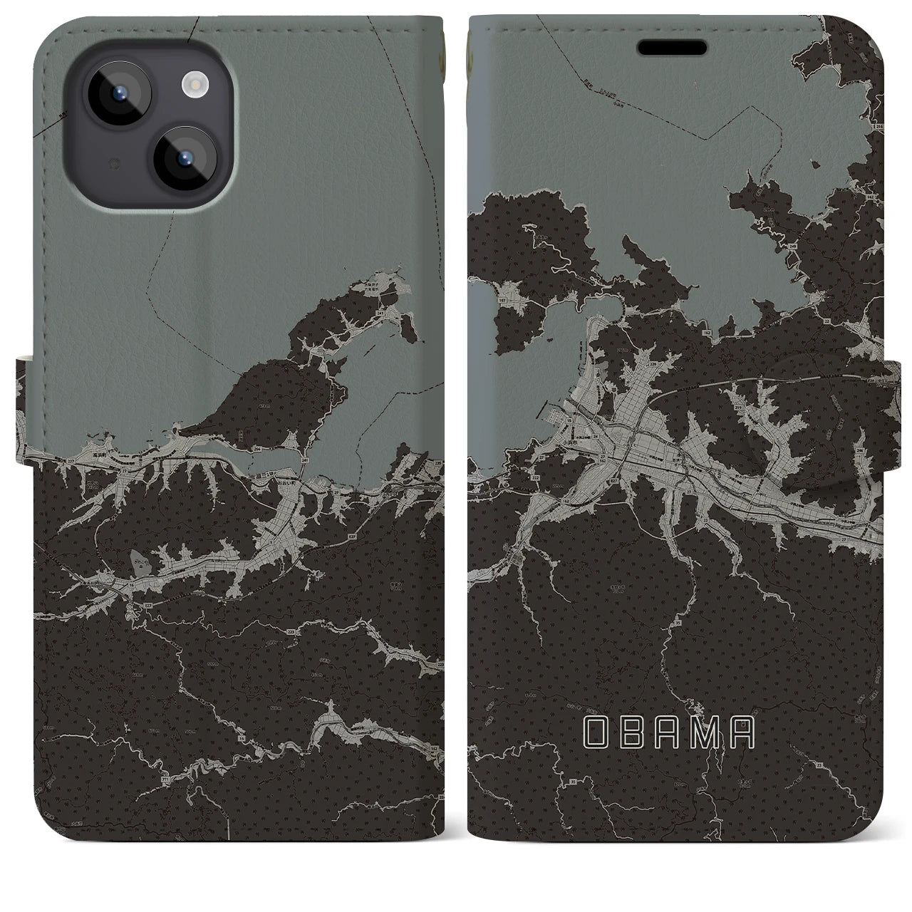 【小浜(福井県)】地図柄iPhoneケース(手帳タイプ)モノトーン・iPhone 14 Plus 用