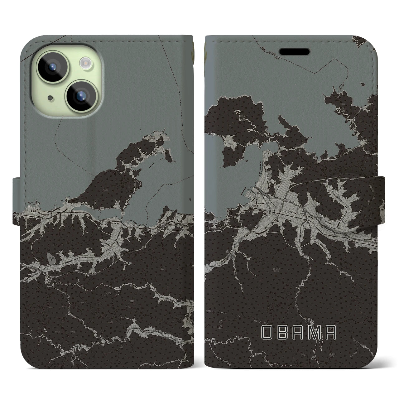 【小浜(福井県)】地図柄iPhoneケース(手帳タイプ)モノトーン・iPhone 15 用