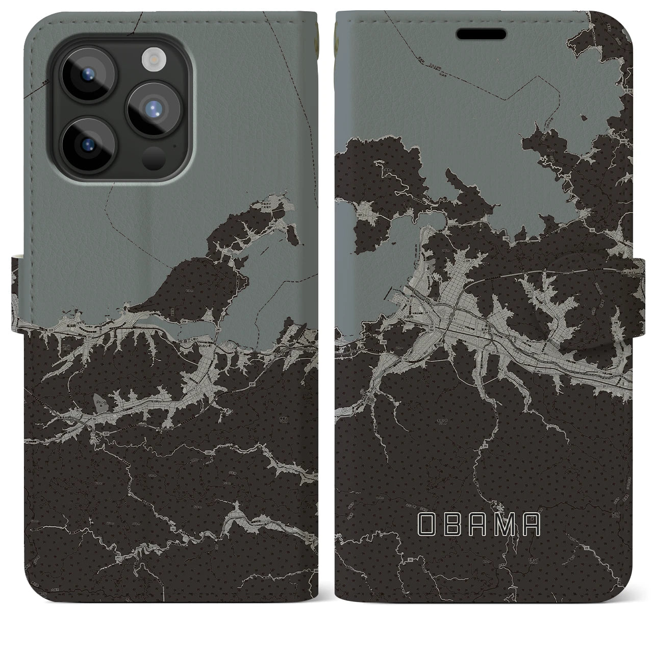 【小浜(福井県)】地図柄iPhoneケース(手帳タイプ)モノトーン・iPhone 15 Pro Max 用