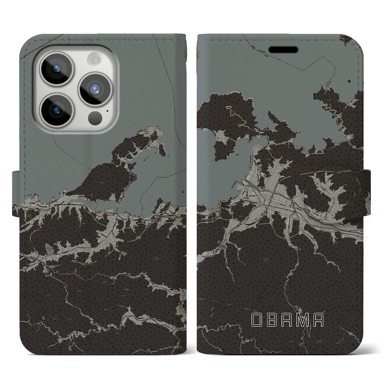 【小浜(福井県)】地図柄iPhoneケース(手帳タイプ)モノトーン・iPhone 15 Pro 用