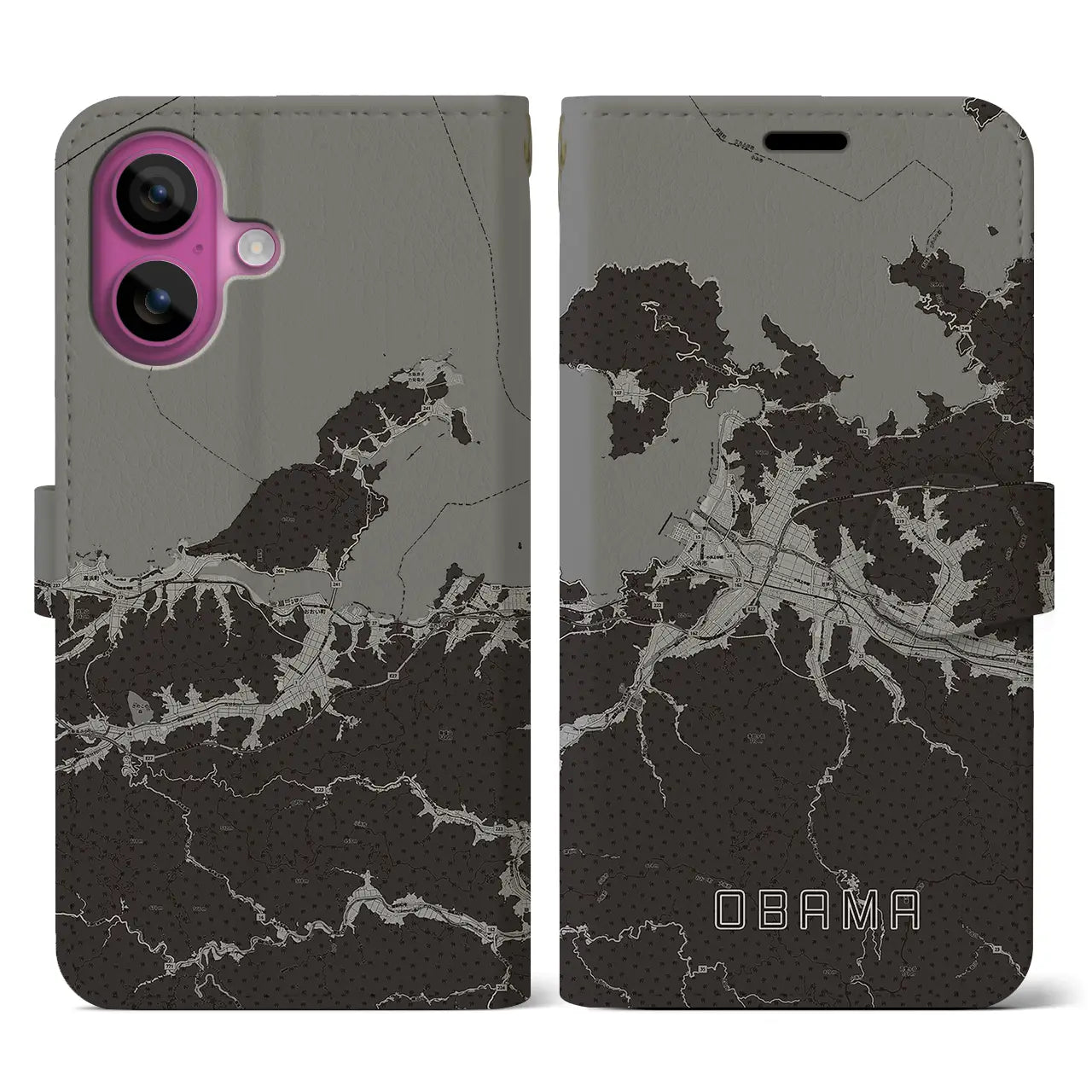 【小浜(福井県)】地図柄iPhoneケース(手帳タイプ)モノトーン・iPhone 16 Pro 用