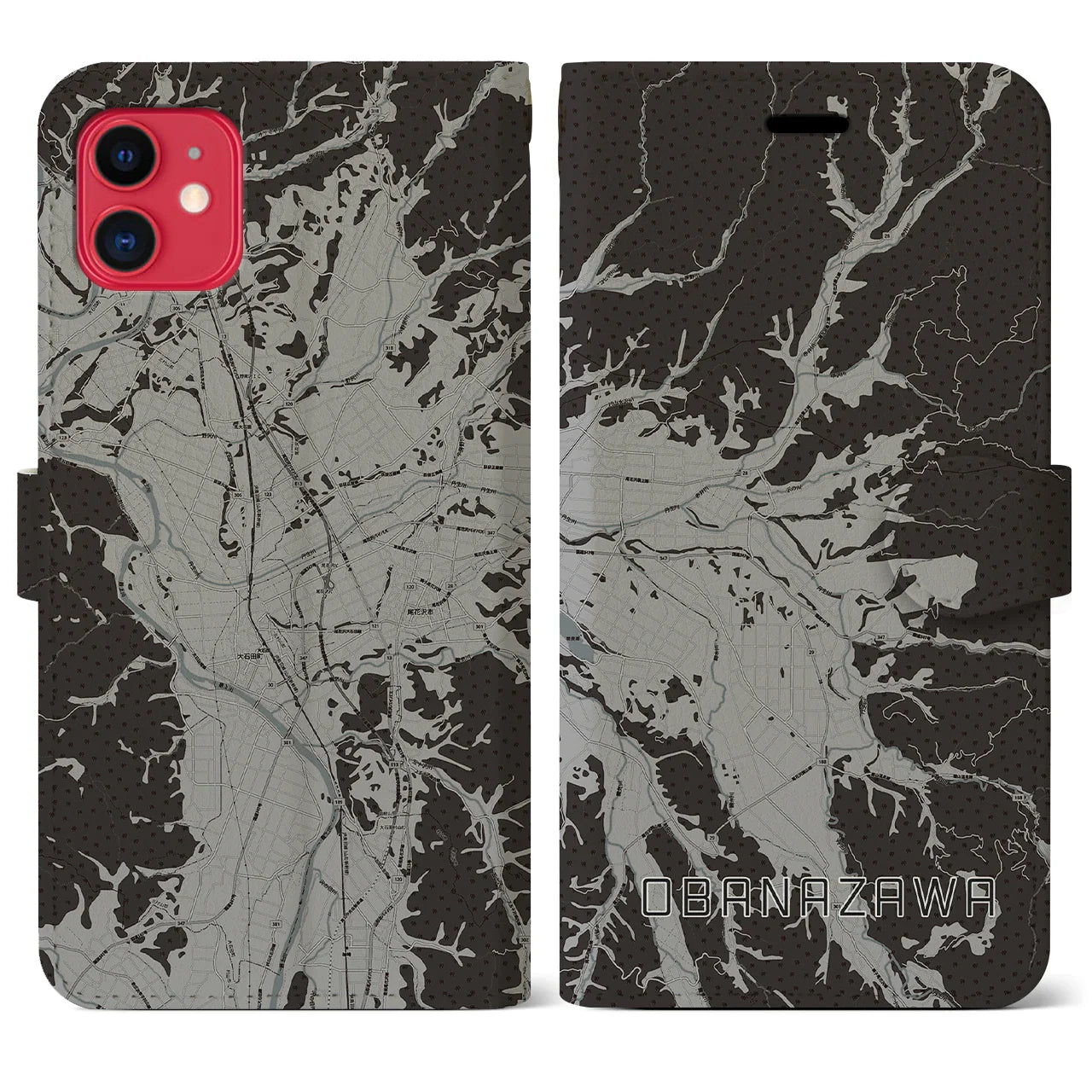 【尾花沢(山形県)】地図柄iPhoneケース(手帳タイプ)モノトーン・iPhone 11 用