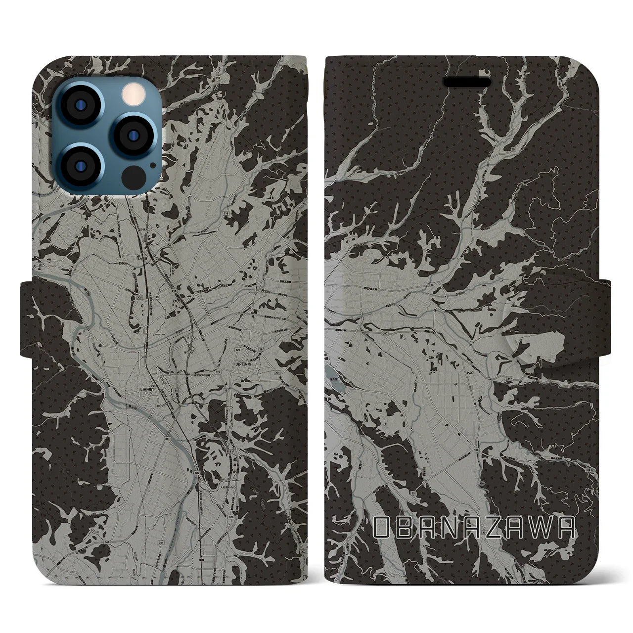 【尾花沢(山形県)】地図柄iPhoneケース(手帳タイプ)モノトーン・iPhone 12 / 12 Pro 用