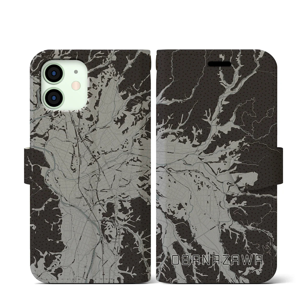 【尾花沢(山形県)】地図柄iPhoneケース(手帳タイプ)モノトーン・iPhone 12 mini 用