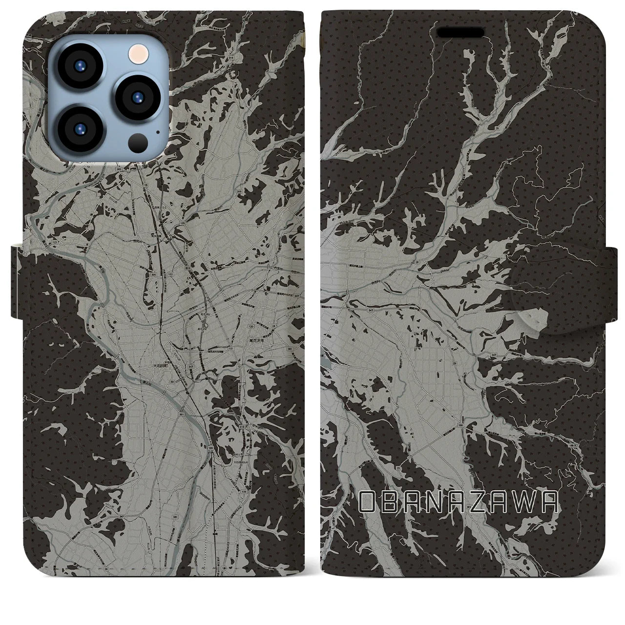 【尾花沢(山形県)】地図柄iPhoneケース(手帳タイプ)モノトーン・iPhone 13 Pro Max 用