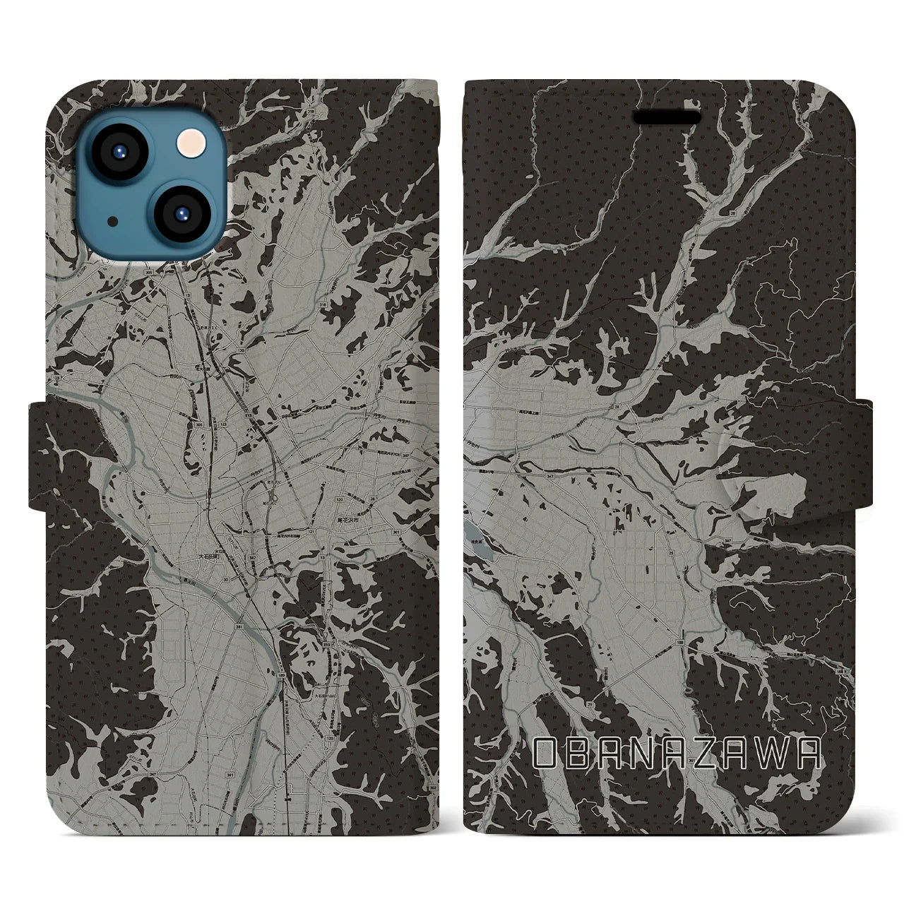 【尾花沢(山形県)】地図柄iPhoneケース(手帳タイプ)モノトーン・iPhone 13 用