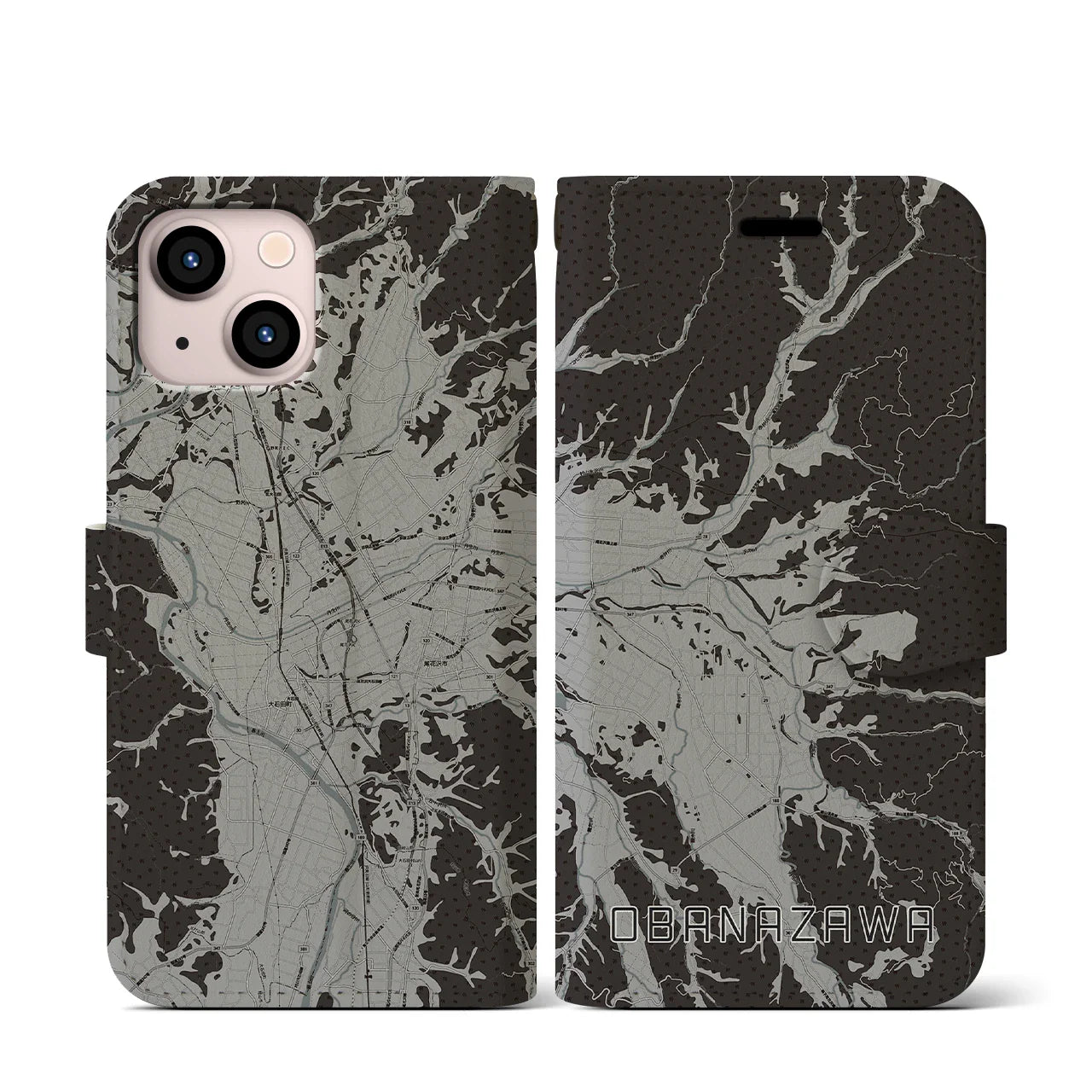 【尾花沢(山形県)】地図柄iPhoneケース(手帳タイプ)モノトーン・iPhone 13 mini 用