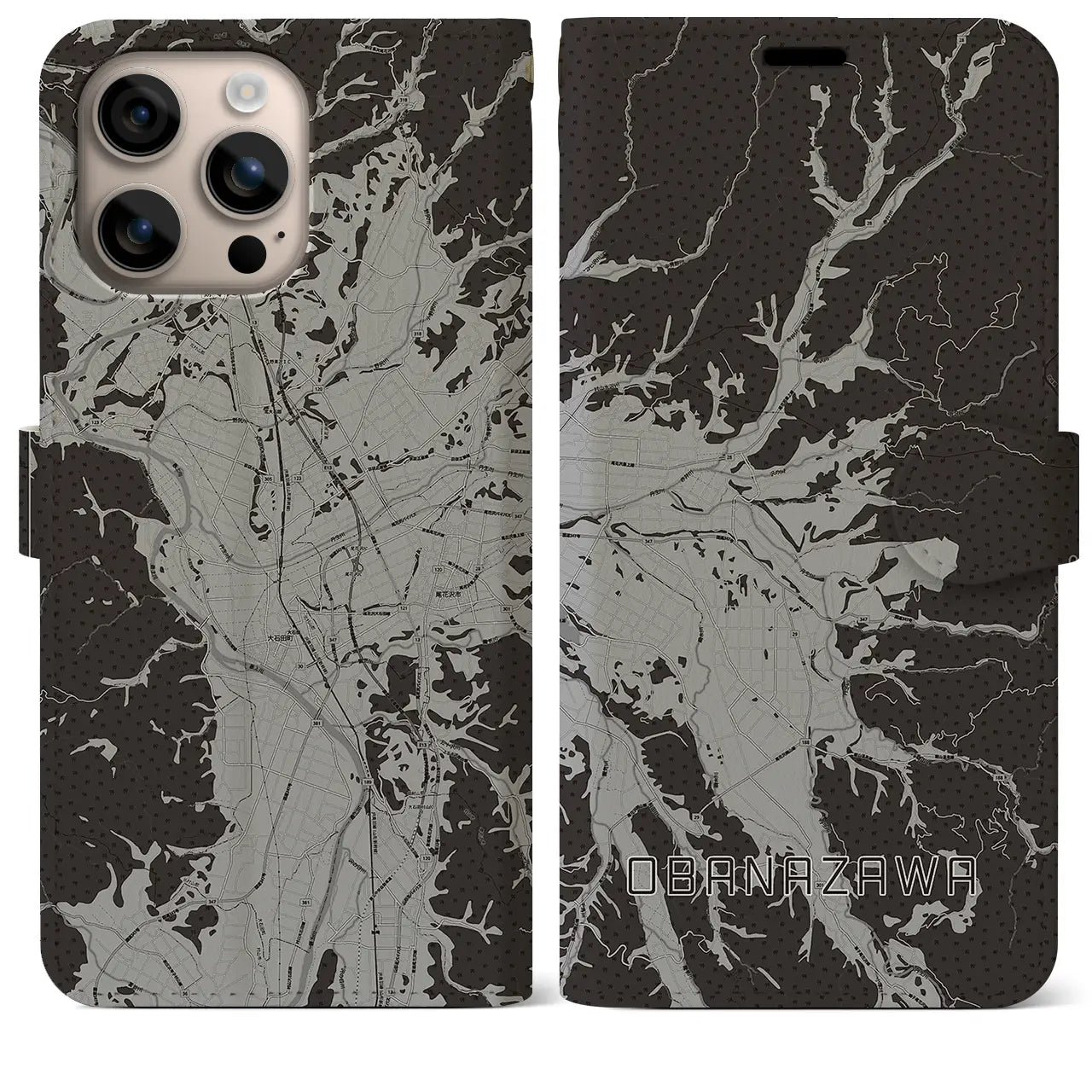【尾花沢(山形県)】地図柄iPhoneケース(手帳タイプ)モノトーン・iPhone 16 Plus 用