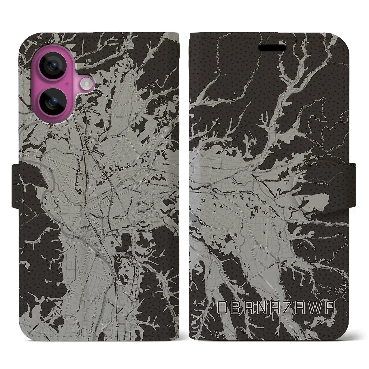 【尾花沢(山形県)】地図柄iPhoneケース(手帳タイプ)モノトーン・iPhone 16 Pro 用