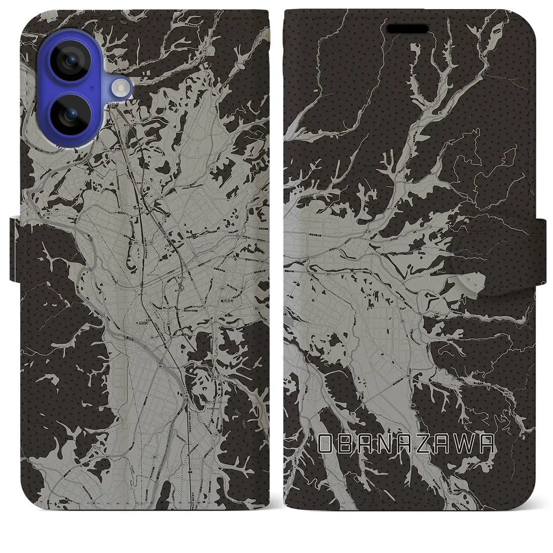 【尾花沢(山形県)】地図柄iPhoneケース(手帳タイプ)モノトーン・iPhone 16 Pro Max 用