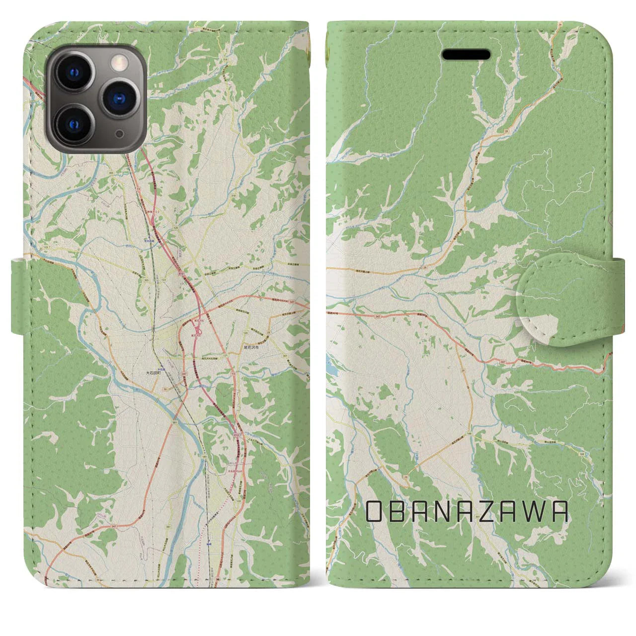 【尾花沢(山形県)】地図柄iPhoneケース(手帳タイプ)ナチュラル・iPhone 11 Pro Max 用