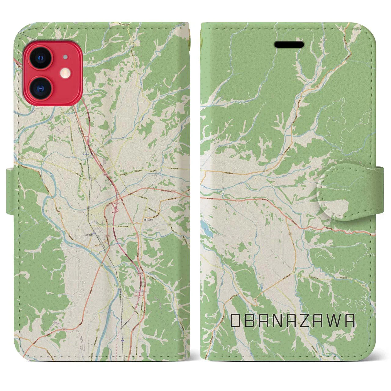 【尾花沢(山形県)】地図柄iPhoneケース(手帳タイプ)ナチュラル・iPhone 11 用